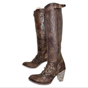 OLD GRINGO ROXY HIGH 18" CHOCOLATE LEATHER BUCKLE STUDDED COWGIRL BOOT $669